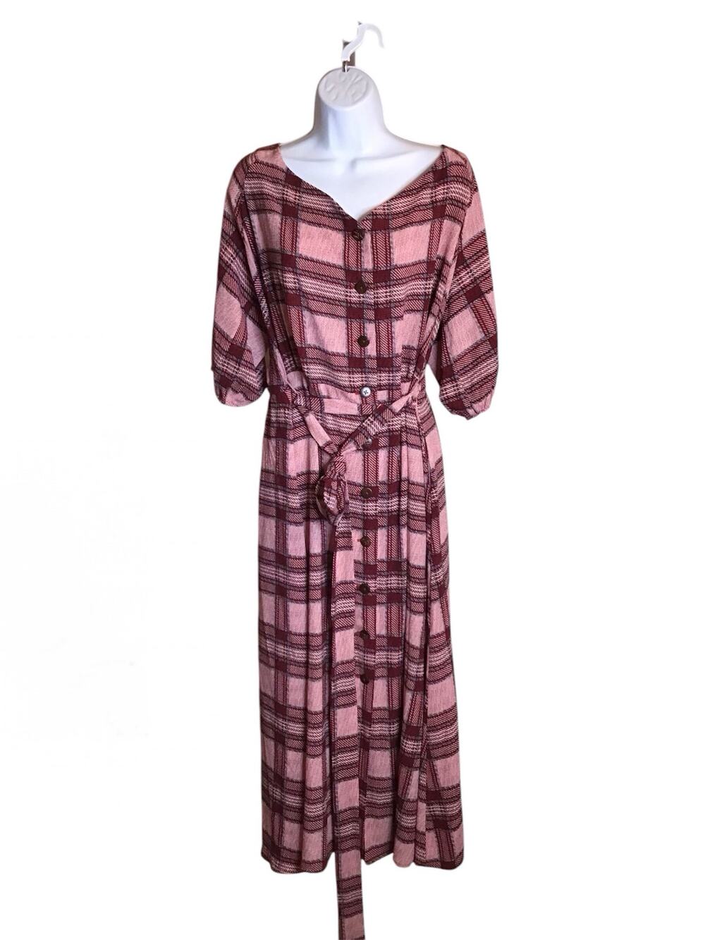Ashley Stewart Women Plaid Dress Sz. 18/20 NWT Pink Waist Tie Fit & Flare Dress
